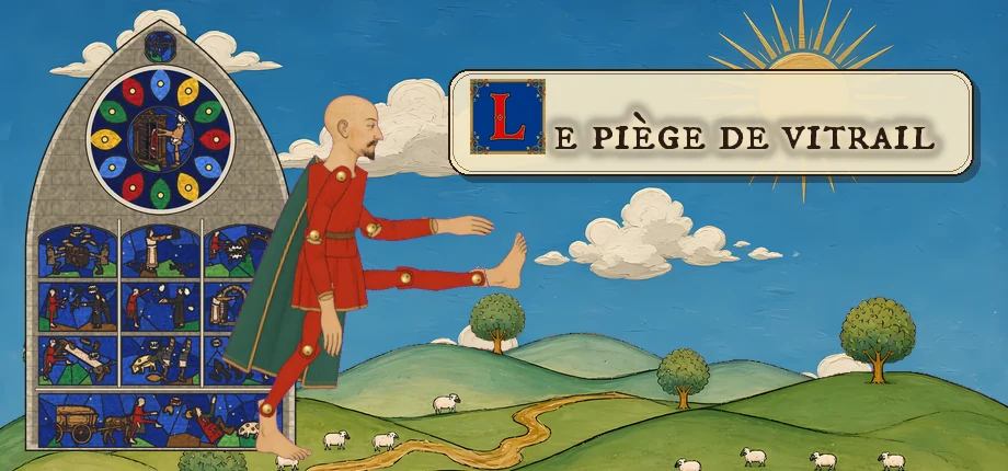 Le piège de vitrail : Jehan, pied levé, devant un grand vitrail.